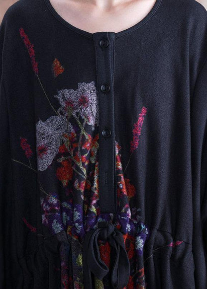 Black Print Cotton Dress O Neck Asymmetric Fall Dress