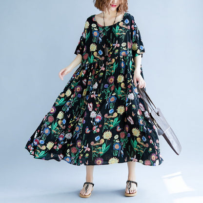 Black Print Long Cotton Linen Dress Short Sleeve Baggy Dresses Cotton Linen Maxi Dress O Neck Traveling Dress