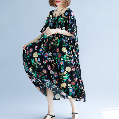 Black Print Long Cotton Linen Dress Short Sleeve Baggy Dresses Cotton Linen Maxi Dress O Neck Traveling Dress