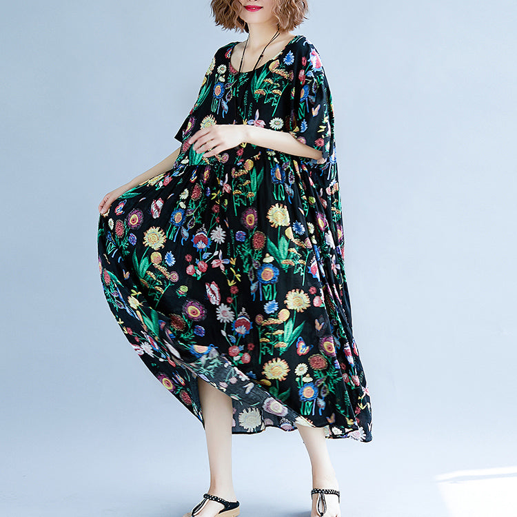Black Print Long Cotton Linen Dress Short Sleeve Baggy Dresses Cotton Linen Maxi Dress O Neck Traveling Dress