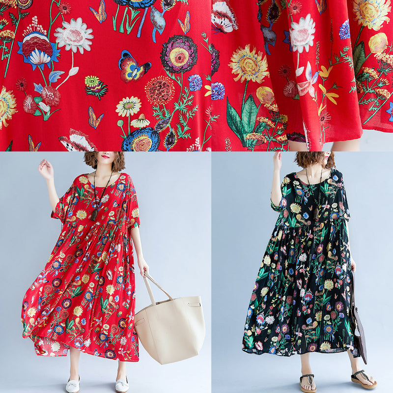 Black Print Long Cotton Linen Dress Short Sleeve Baggy Dresses Cotton Linen Maxi Dress O Neck Traveling Dress