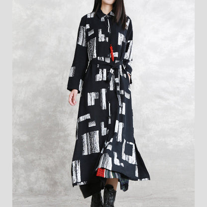 Black Print Maxi Coat Oversize Turn-down Collar Tie Waist Long Coat Long Sleeve Pockets Long Coats