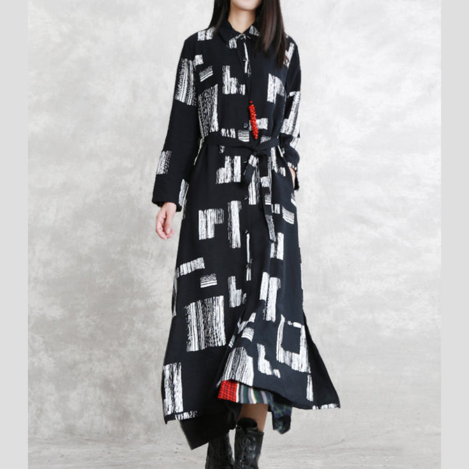 Black Print Maxi Coat Oversize Turn-down Collar Tie Waist Long Coat Long Sleeve Pockets Long Coats