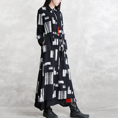 Black Print Maxi Coat Oversize Turn-down Collar Tie Waist Long Coat Long Sleeve Pockets Long Coats