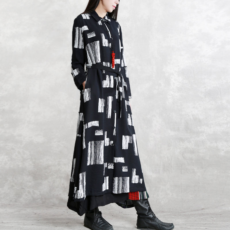 Black Print Maxi Coat Oversize Turn-down Collar Tie Waist Long Coat Long Sleeve Pockets Long Coats