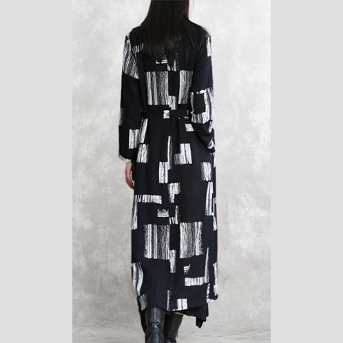 Black Print Maxi Coat Oversize Turn-down Collar Tie Waist Long Coat Long Sleeve Pockets Long Coats