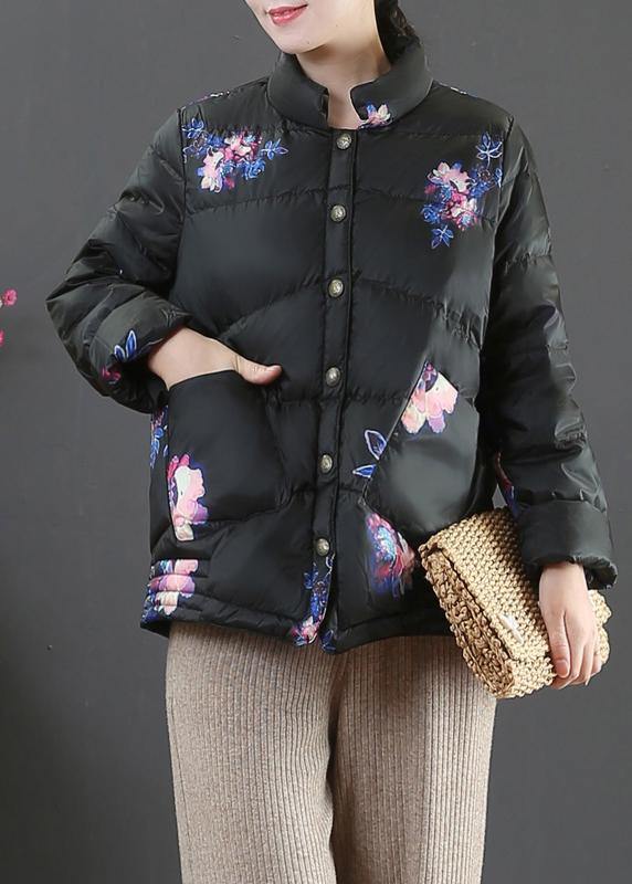 Black Print Warm Winter Coat Loose Fitting Parka Stand Collar Pockets Fine Overcoat