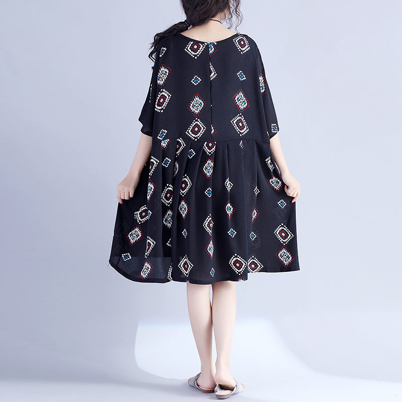 Black Prints Midi-length Cotton Dress Traveling Clothing New Hig Waist Cinched Batwing Sleeve Cotton Clothing Dress