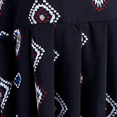 Black Prints Midi-length Cotton Dress Traveling Clothing New Hig Waist Cinched Batwing Sleeve Cotton Clothing Dress