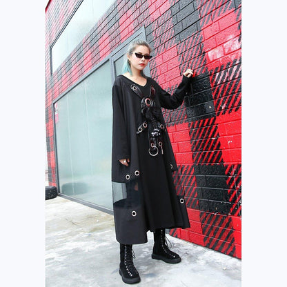 Black Pure Traveling Baggy Dresses V Neck Appliques Midi Dress