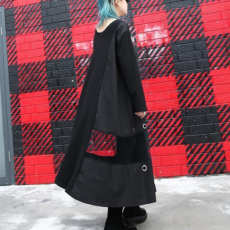 Black Pure Traveling Baggy Dresses V Neck Appliques Midi Dress