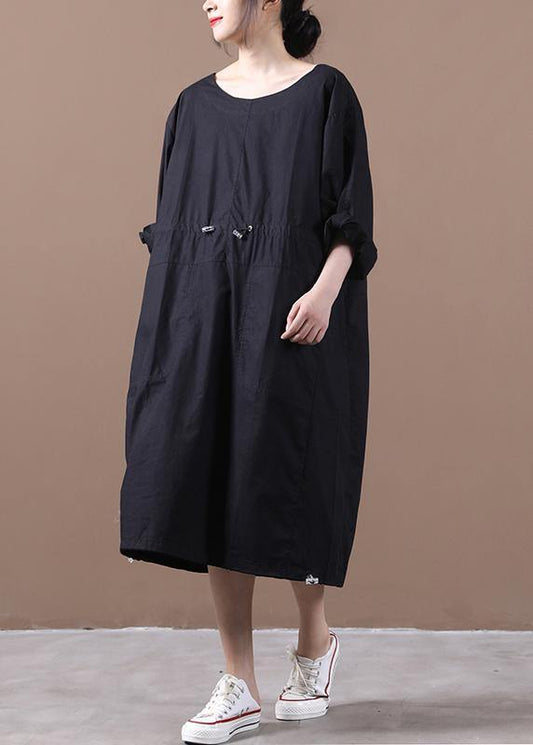 Black Quilting Dresses O Neck Drawstring Kaftan Spring Dresses