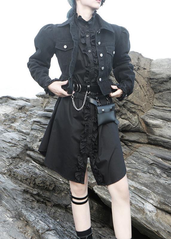 Black Stand Collar Cotton Clothes Flare Sleeve Cotton Robes Ruffles Shirt Dress