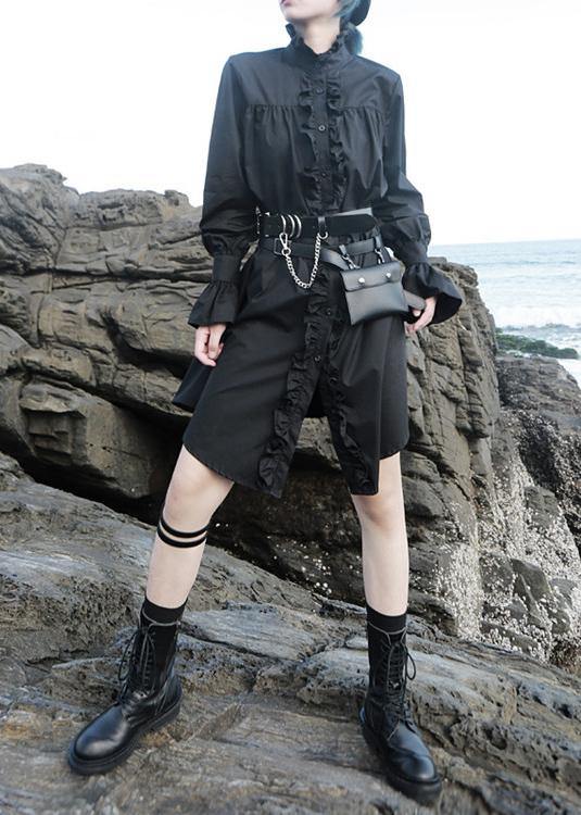 Black Stand Collar Cotton Clothes Flare Sleeve Cotton Robes Ruffles Shirt Dress