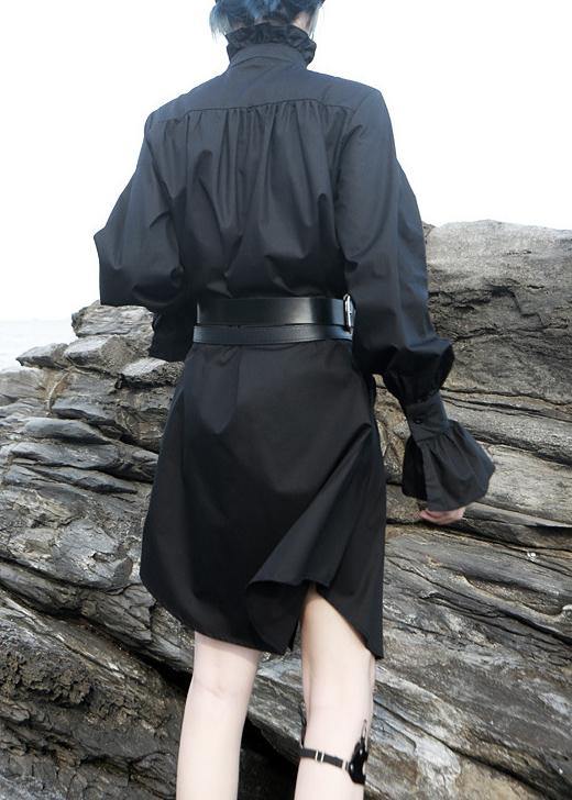 Black Stand Collar Cotton Clothes Flare Sleeve Cotton Robes Ruffles Shirt Dress