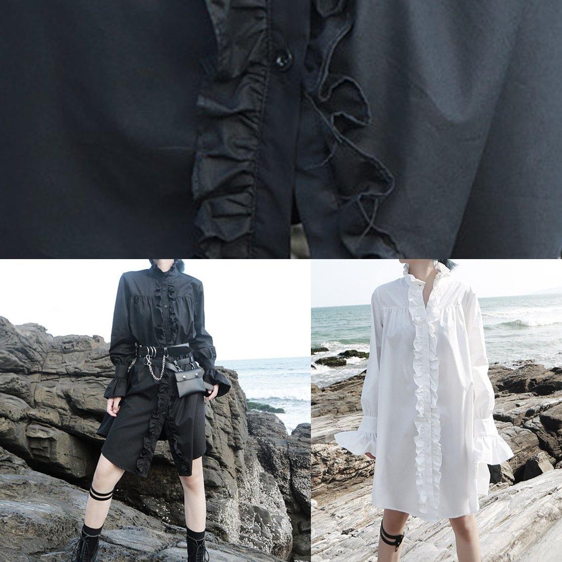 Elegant black stand collar cotton clothes Women flare sleeve cotton robes ruffles shirt Dress