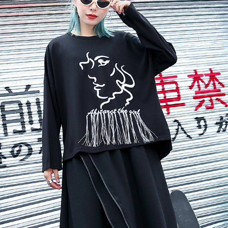 Black T Shirt Oversize O Neck Embroider Fabric Cotton Blended T Shirt Tassel Baggy T Shirt