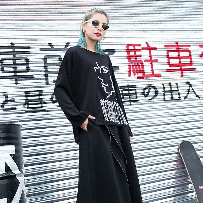 Black T Shirt Oversize O Neck Embroider Fabric Cotton Blended T Shirt Tassel Baggy T Shirt