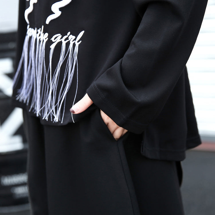 Black T Shirt Oversize O Neck Embroider Fabric Cotton Blended T Shirt Tassel Baggy T Shirt