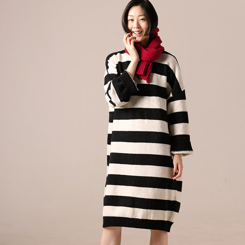 Black White Woolen Coats Medium Length Coat Side Open O Neck Spring Woolen Outwear