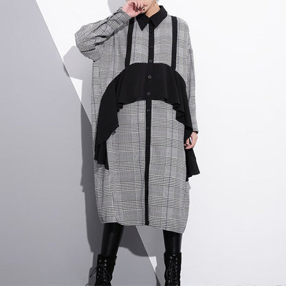 Black White Plaid Cotton Caftans Ruffles Cotton Clothing Dress Fine Lapel Collar Cotton Caftans