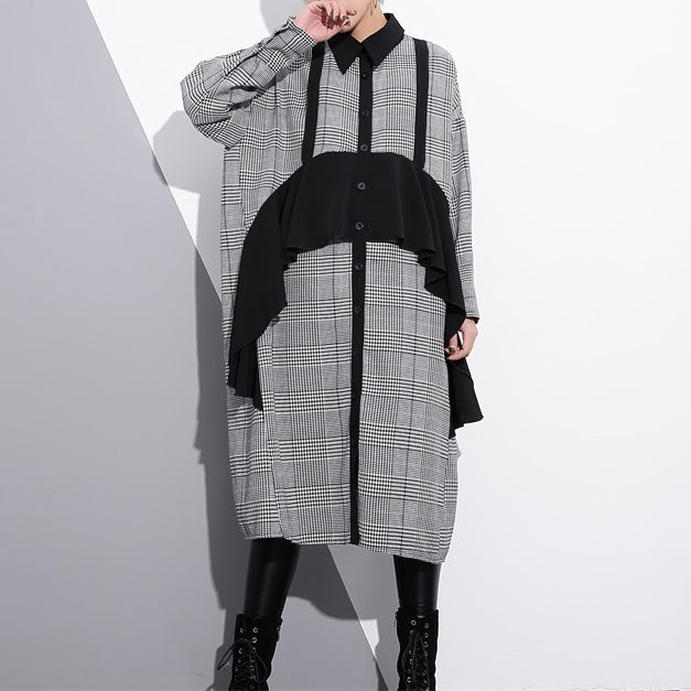 Black White Plaid Cotton Caftans Ruffles Cotton Clothing Dress Fine Lapel Collar Cotton Caftans