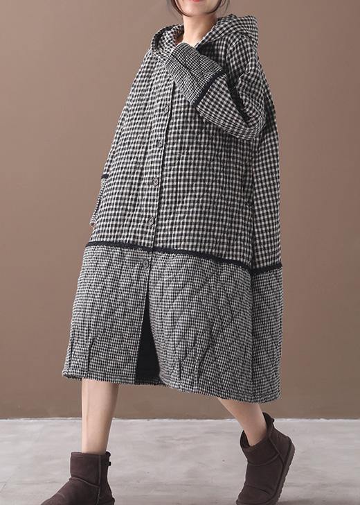 Black White Plaid Winter Coats Clothing Hooded Patchwork Winter Outwear