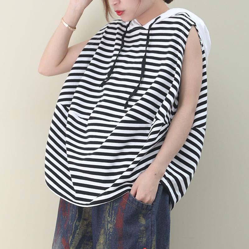 Black White Striped Cotton Top Hooded Sleeveless Baggy Blouse