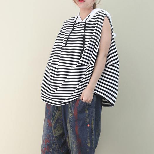 Black White Striped Cotton Top Hooded Sleeveless Baggy Blouse