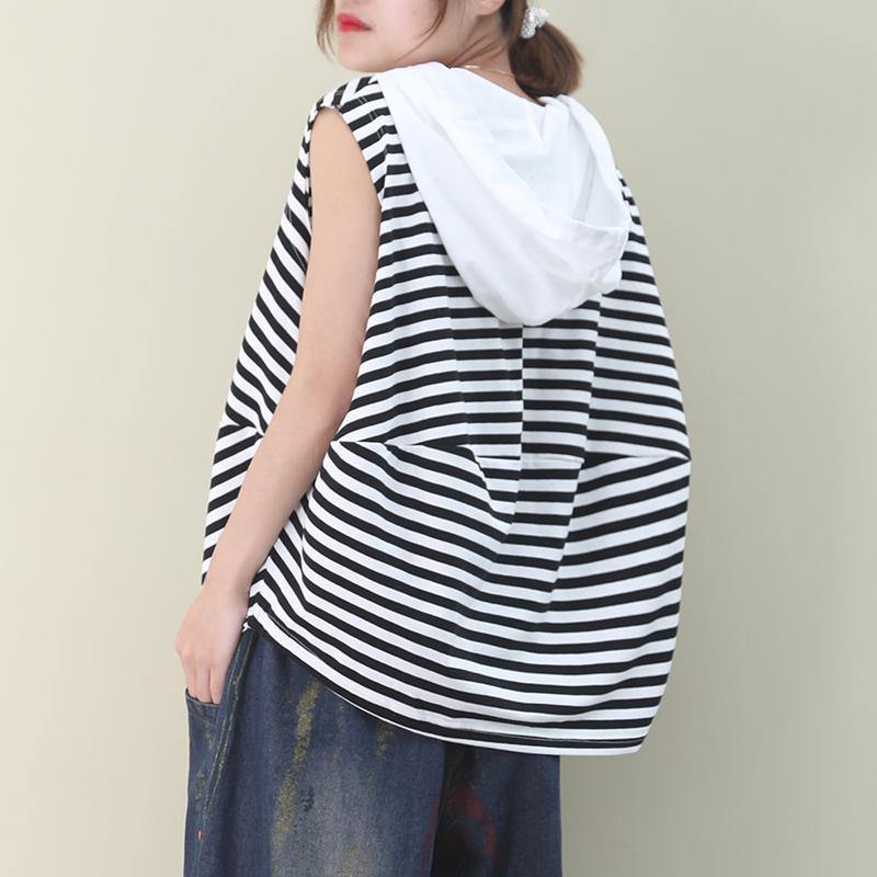 Black White Striped Cotton Top Hooded Sleeveless Baggy Blouse