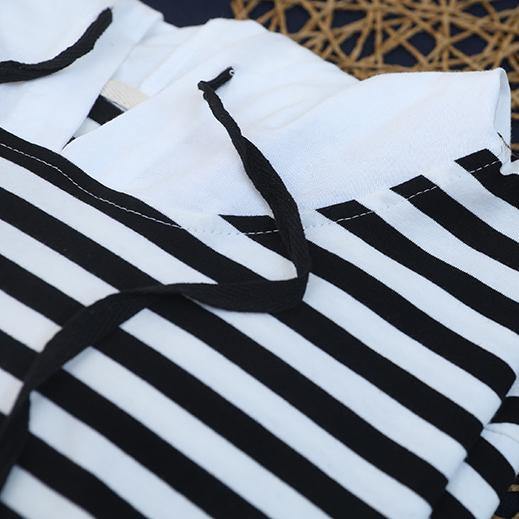 Black White Striped Cotton Top Hooded Sleeveless Baggy Blouse