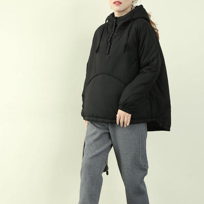 Black Parka Snow Jackets Hooded Drawstring Coats