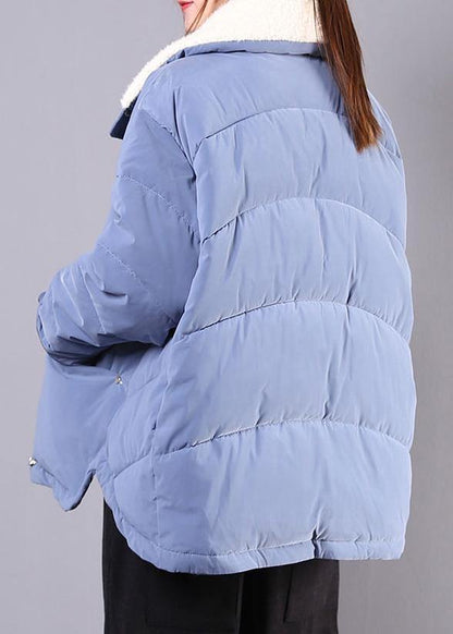 Blue Parkas for Loose Fitting Winter Jacket Lapel Pockets Zippered Overcoat