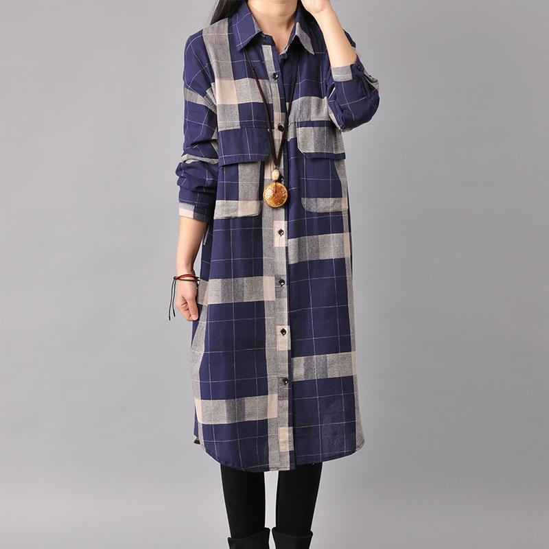 Blue Cotton Dresses Cotton Maxi Dress Lapel Collar Plaid Cotton Dress