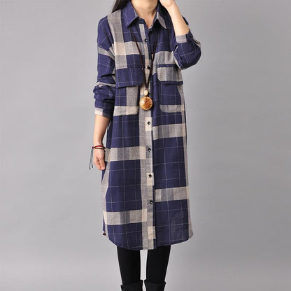 Blue Cotton Dresses Cotton Maxi Dress Lapel Collar Plaid Cotton Dress