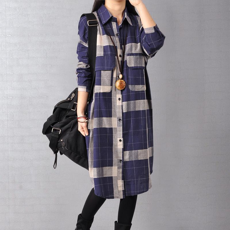 Blue Cotton Dresses Cotton Maxi Dress Lapel Collar Plaid Cotton Dress