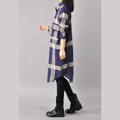 Blue Cotton Dresses Cotton Maxi Dress Lapel Collar Plaid Cotton Dress