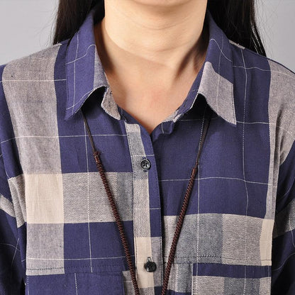 Blue Cotton Dresses Cotton Maxi Dress Lapel Collar Plaid Cotton Dress