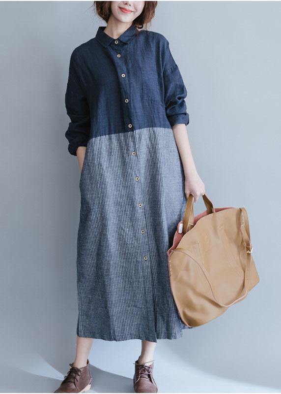 Blue Cotton Linen Wardrobes Lapel Collar Dress Patchwork Striped Dresses
