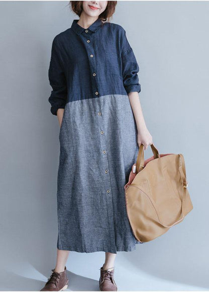 Blue Cotton Linen Wardrobes Lapel Collar Dress Patchwork Striped Dresses