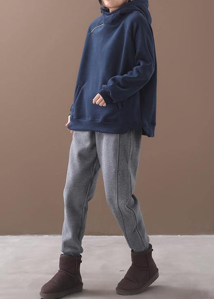 Elegant blue hooded cotton shirts zippered Plus Size Clothing winter tops