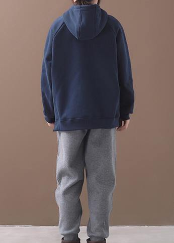 Blue Hooded Cotton Shirts Zippered Clothing Winter Tops