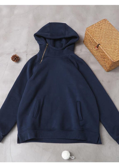 Elegant blue hooded cotton shirts zippered Plus Size Clothing winter tops