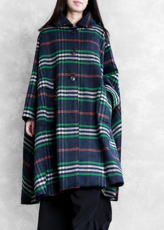 Blue Plaid Wool Overcoat Clothing Peter Pan Collar Large Hem Coats