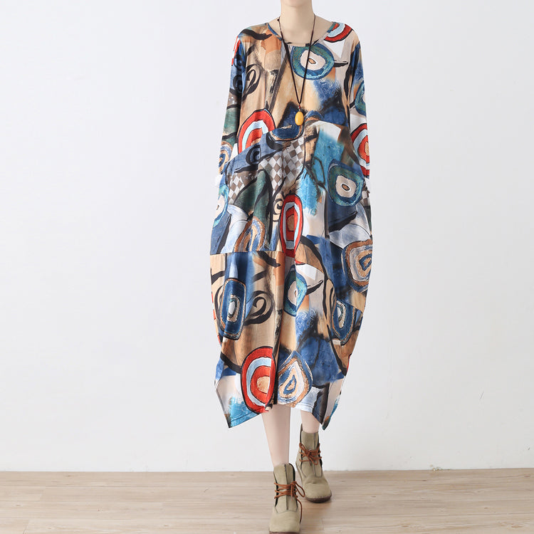 Blue Prints Cotton Dresses Clothing Side Open Traveling Clothing O Neck Kaftans