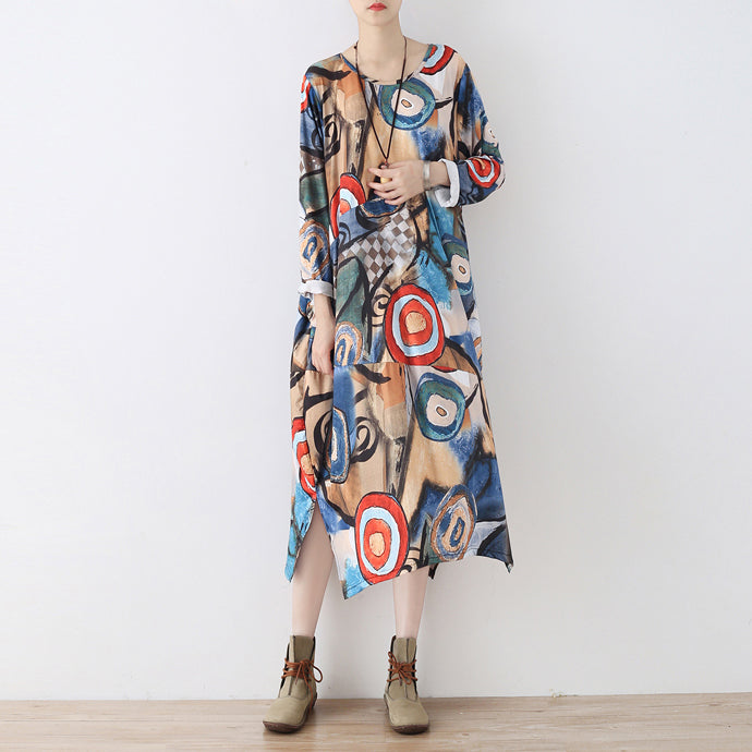 Blue Prints Cotton Dresses Clothing Side Open Traveling Clothing O Neck Kaftans