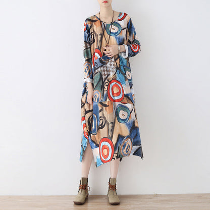 Blue Prints Cotton Dresses Clothing Side Open Traveling Clothing O Neck Kaftans