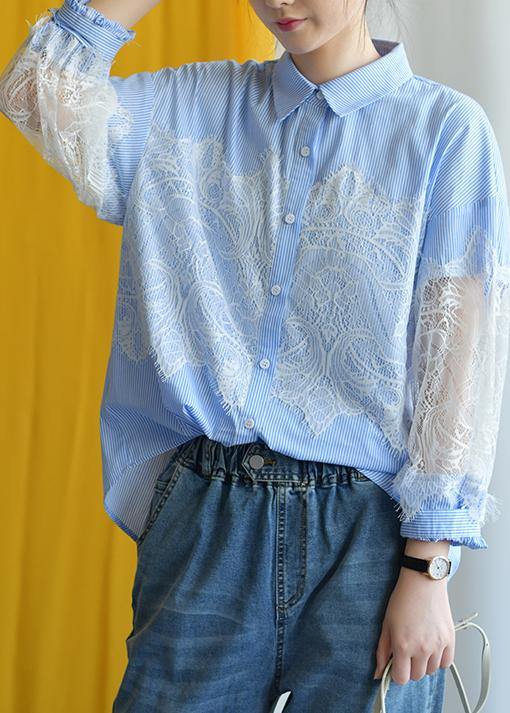 Blue Striped Cotton Blouse Lace Patchwork Silhouette Fall Shirt