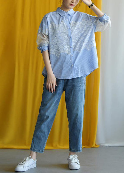 Elegant blue striped cotton Blouse lace patchwork silhouette fall shirt