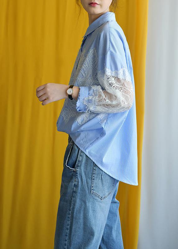 Blue Striped Cotton Blouse Lace Patchwork Silhouette Fall Shirt